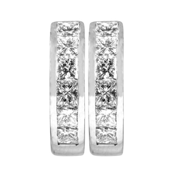 white gold hoop earrings set with princess cut diamonds