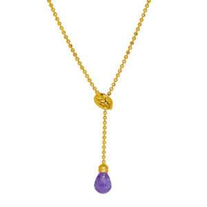 yellow gold drop necklace set with a briolette amethyst