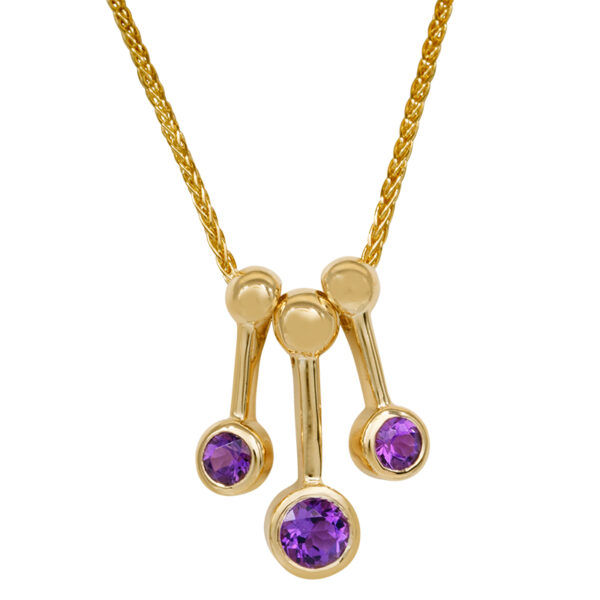 yellow gold triple drop necklace set with 3 round brilliant amethysts