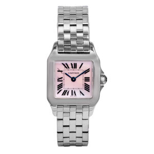 stainless steel cartier watch with square pink mother-of-pearl dial