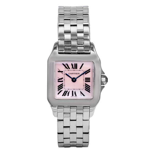 stainless steel cartier watch with square pink mother-of-pearl dial