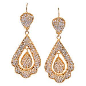 yellow gold dangle earrings set with seed pearls