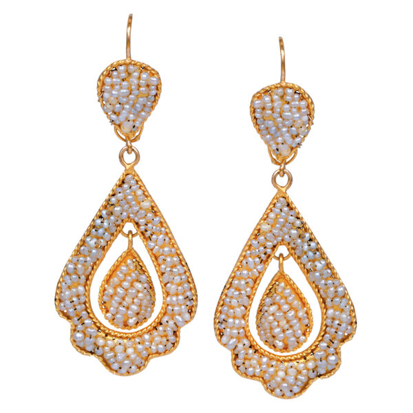 yellow gold dangle earrings set with seed pearls