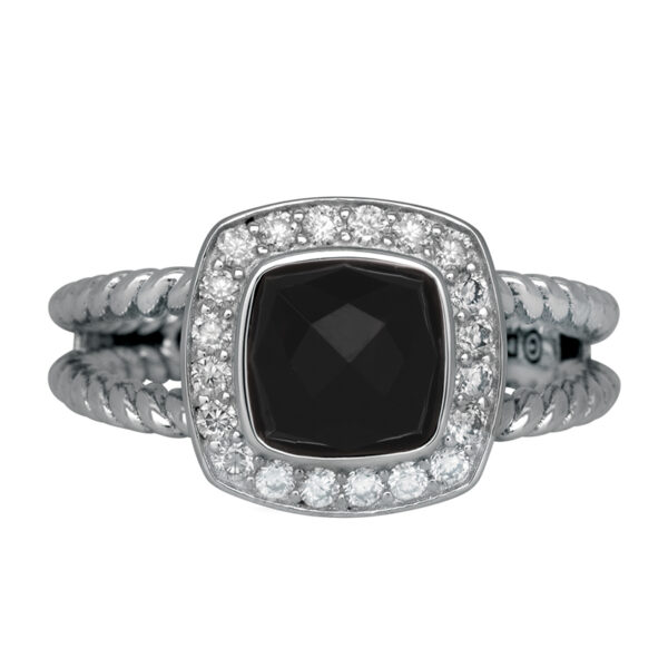 sterling silver ring centered with a cushion checkerboard onyx surrounded by a diamond halo