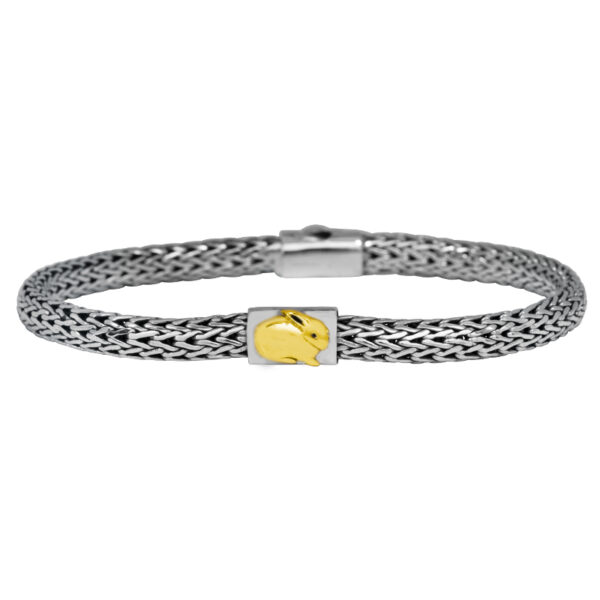 john hardy silver weave bracelet with a yellow gold bunny charm bead
