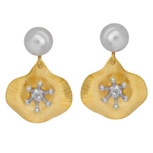 pearl studs with yellow gold and yellow flower dangle earrings