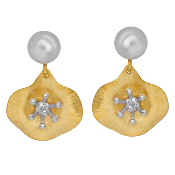 pearl studs with yellow gold and yellow flower dangle earrings