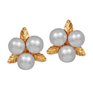 yellow gold leaf motif earrings set with 3 leaves and 3 akoya pearls