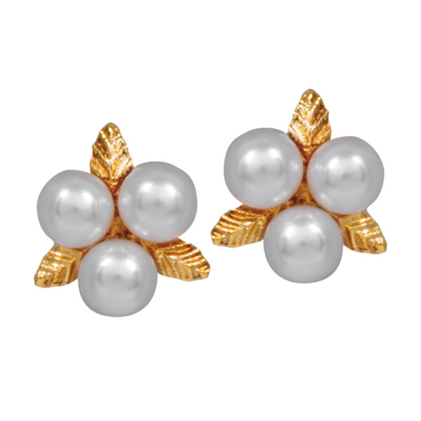 yellow gold leaf motif earrings set with 3 leaves and 3 akoya pearls