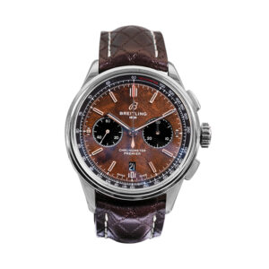 breitling watch with stainless steel case, wood dial, and brown leather strap