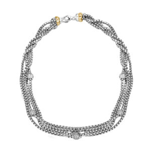 sterling silver 4-row necklace with station beads pave set with diamonds, and gold beads toward the clasp