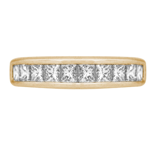 yellow gold band channel set with square princess diamonds