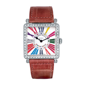 stainless steel watch with diamond dial, pink leather strap, multicolor roman numerals