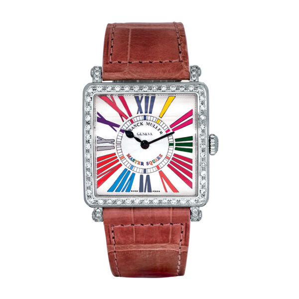 stainless steel watch with diamond dial, pink leather strap, multicolor roman numerals