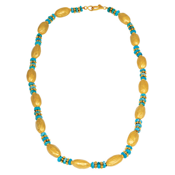 turquoise rondelle and oval gold bead necklace