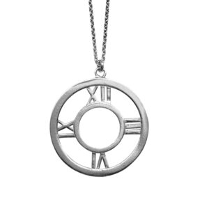 sterling silver round open circle pendant with roman numerals at the cardinal directions