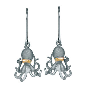 sterling silver octopus sculpture earrings set with white sapphire eyes and a band of yellow gold around the eyes
