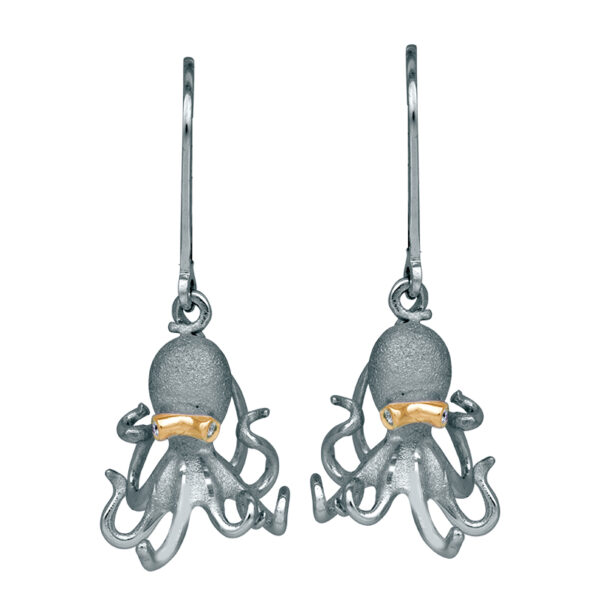 sterling silver octopus sculpture earrings set with white sapphire eyes and a band of yellow gold around the eyes