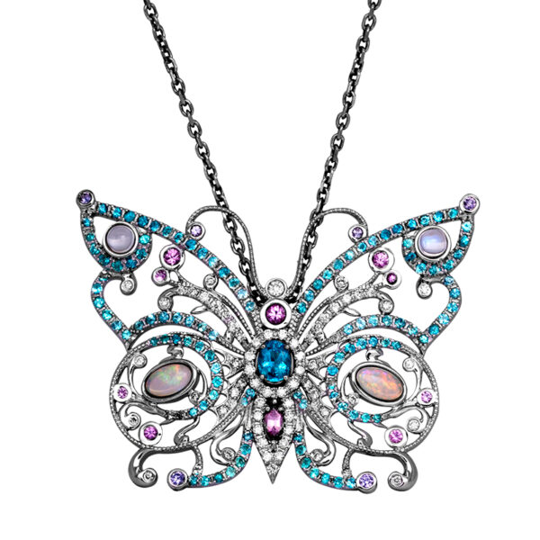 white gold butterfly pendant with paraiba tourmaline, sapphire, opal, moonstone, and diamonds