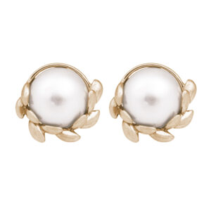 yellow gold earrings set with pearls with olive leaf motif