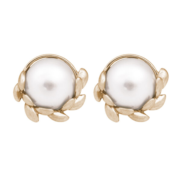 yellow gold earrings set with pearls with olive leaf motif