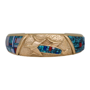 yellow gold Navajo cuff bracelet inlayed with turquoise, opal, and lapis