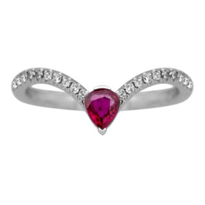 white gold curved band centered with a pear ruby & and round diamonds in the band
