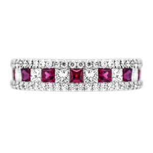 white gold 3-row band set with alternating princess rubies and diamonds with border rows of round brilliant diamonds