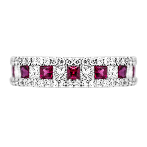 white gold 3-row band set with alternating princess rubies and diamonds with border rows of round brilliant diamonds
