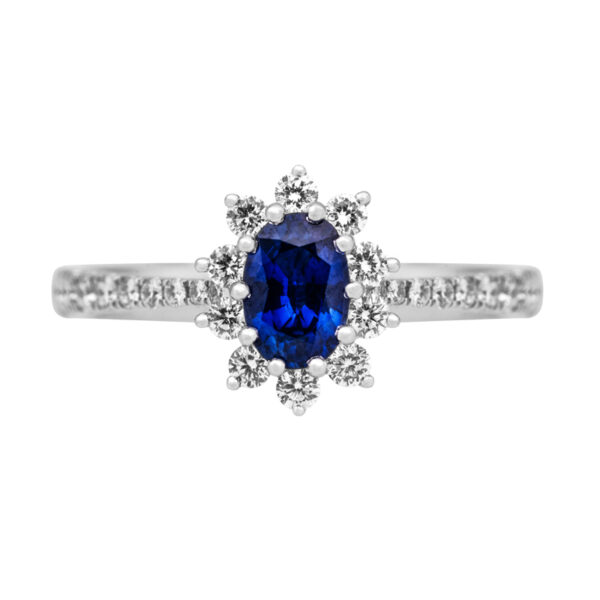 white gold oval blue sapphire surrounded by a diamond halo and diamonds in the band