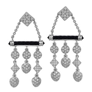 white gold geometric dangle earrings set with small round brilliant diamonds
