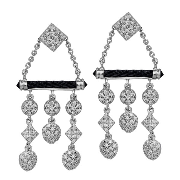 white gold geometric dangle earrings set with small round brilliant diamonds