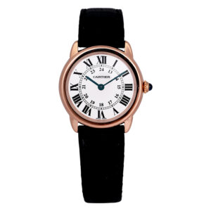 rose gold and stainless steel Cartier watch with a white dial and black leather strap