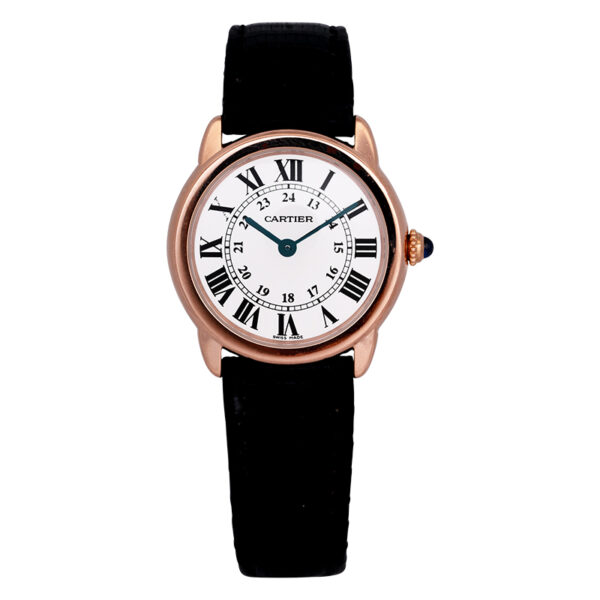 rose gold and stainless steel Cartier watch with a white dial and black leather strap