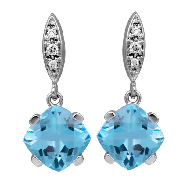 white gold drop earrings set with cushion light blue topaz