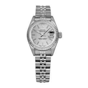 stainless steel and white gold rolex with a silver dial