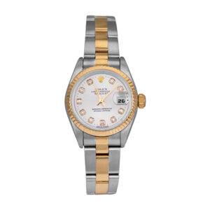 stainless steel and yellow gold rolex with a silver dial and diamond indexes