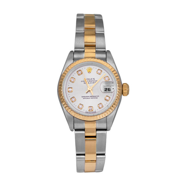 stainless steel and yellow gold rolex with a silver dial and diamond indexes