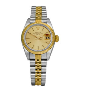 stainless steel and yellow gold rolex with a champagne dial
