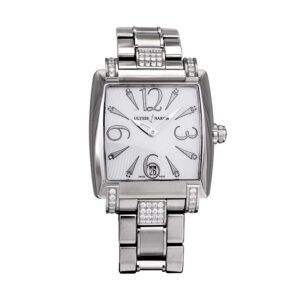 stainless steel square face Ulysse Nardin watch with a mother-of-pearl dial and large cardinal numbers