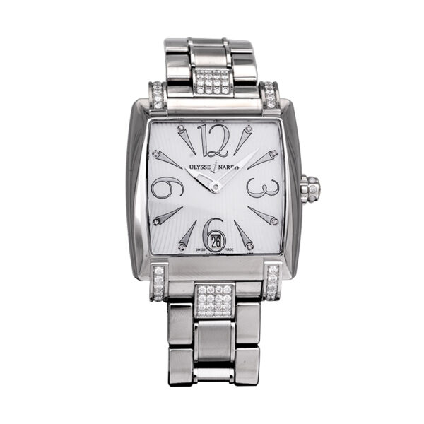 stainless steel square face Ulysse Nardin watch with a mother-of-pearl dial and large cardinal numbers