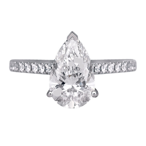white gold engagement ring with a pear diamond and round diamonds in the band