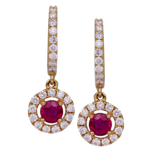 yellow gold drop earrings centered with rubies surrounded by round diamonds