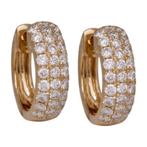 yellow gold huggie hoop earrings set with 3 rows of round diamonds
