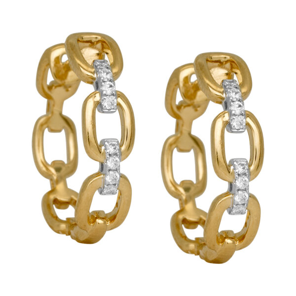 yellow and white gold oval link hoop earrings set with small diamonds