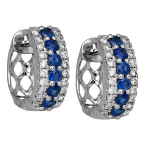 white gold hoop earrings set with round blue sapphires bordered by smaller round diamonds