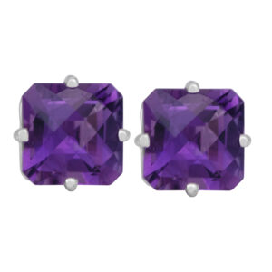 white gold stud earrings set with octagonal cut purple amethysts