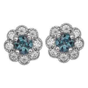 white gold halo stud earrings centered with round brilliant alexandrite surrounded by round brilliant diamonds in a flower shape