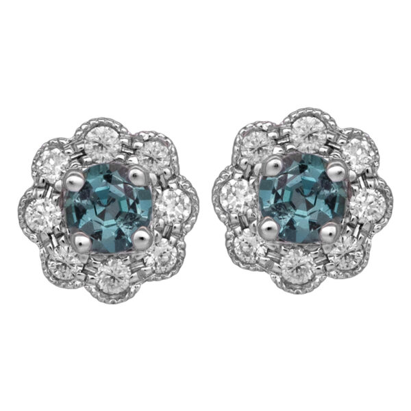 white gold halo stud earrings centered with round brilliant alexandrite surrounded by round brilliant diamonds in a flower shape