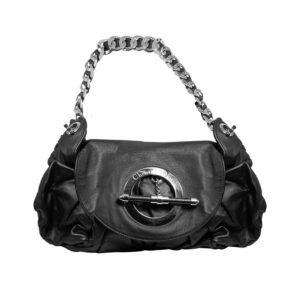 ruched black leather Christian Dior handbag with wrist strap